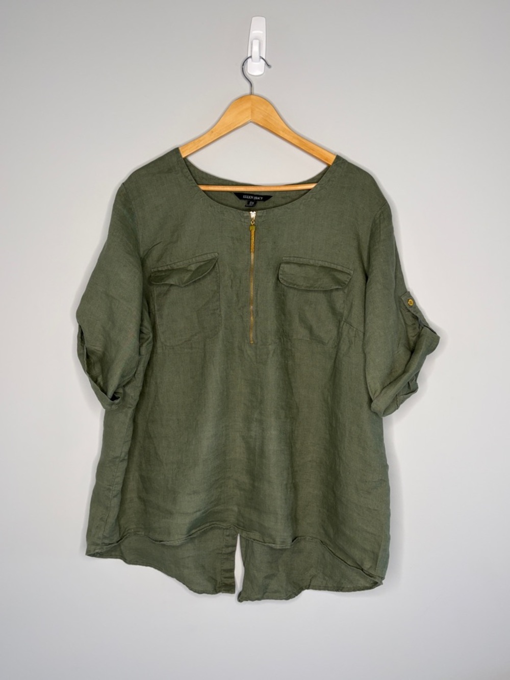 Ellen Tracy Olive Green Linen Half-Zip Tunic